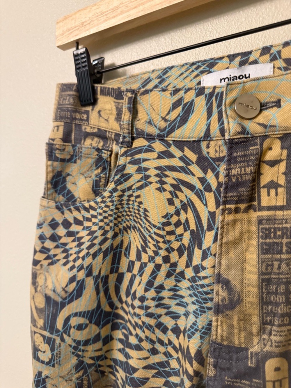 Miaou Fargo Pants Wanted Print XS Revolve Sold Out Graphic Barrel Leg High Rise - Picture 7 of 15
